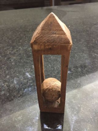 Antique Early Folk Art Carved Wood Ball In Cage