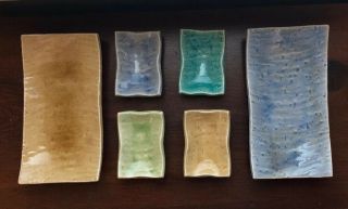 Rare 6 Piece Set Japanese Sushi Green Blue Tan Glazed Pottery Plates Gorgeous