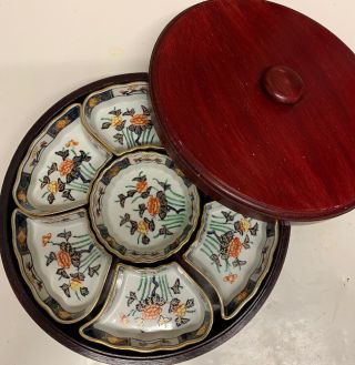 Vintage Chinese Oriental Lazy Susan Bowl Hong Kong Overjoy Hand Painted Dish