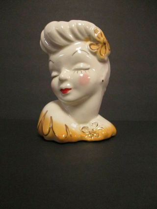 Lady Head Vase With Red Lipstick/ Yellow Flower In Hair Marker Unknown