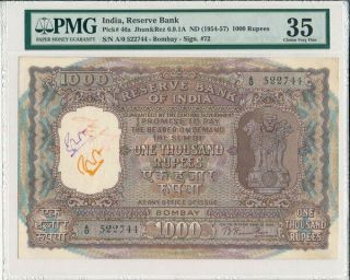 Reserve Bank India 1000 Rupees Nd (1954 - 57) Bombay,  Rare Type Pmg 35