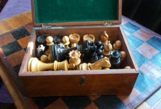 Antique Weighted Wooden Staunton Chess Set Kings (7&1/2 Cm) Tall Box & Board