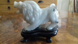 Fine Chinese Jade (jadeite) Lion On Wooden Stand,  Early 20th Century.