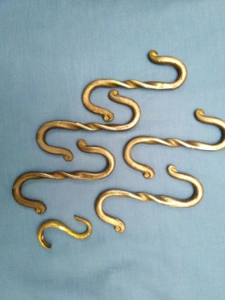 Matching Set Of 5 Vintage Brass Twisted Hooks,  One Other Smaller One