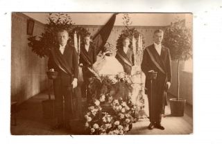 1920 - S Post Mortem Coffin Students Swords Flags Antique Vintage Photo