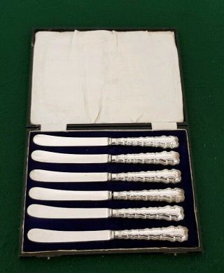 Antique Cased Set Of 6 Hm 1904 H Wigfull Sterling Silver Handled Butter Knives