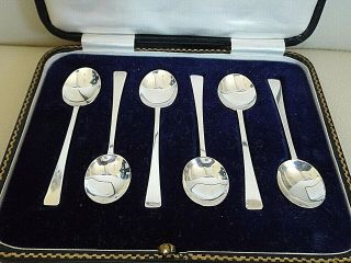Good Boxed Set Of 6 Sheffield Hallmarked Solid Silver Art Deco Demitasse Spoons