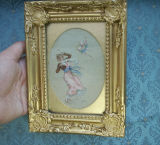 Old Antique Miniature Watercolour Painting Silk Lady Windy Day By Rt Frame Fine