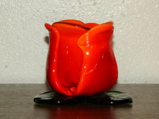 Vtg Blown Art Glass Flower Votive Candle Holder Redish Orange And Green 3”