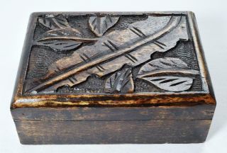 Art Deco Wooden Cigarette Box C1930 Carved Tobacco Leaves