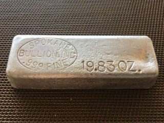 Rare Vintage Spokane Bullion Inc 999 Fine Silver Old Poured Bar 19.  83 Oz