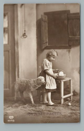 Easter Egg Girl W Baby Lamb Rppc Antique French Photo—farm Calligraphy 1910s