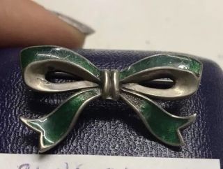 Antique Green Enamel Sterling Silver Pin Brooch Vintage Bow 1920/30 Deco