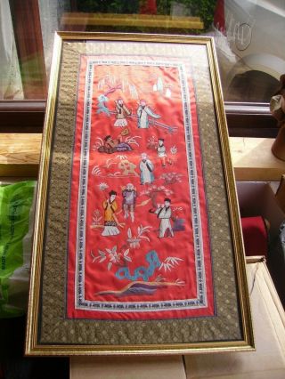 Chinese Embroidered Silk Framed And Glazed Panel
