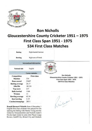 Ron Nicholls Gloucestershire County Cricketer 1951 - 1975 Rare Autograph