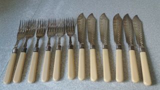 Antique 12 Pce Silver Plated Fish Knife & Fork Cutlery Set - Silver Collars 1924