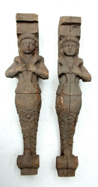 Pair Hand Carved Wooden Gothic Fancy Arab Lady Style Leg Carvings