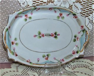 Antique Signed Nippon Porcelain Hand Painted Beaded Handled Vanity Tray 1891 - 99