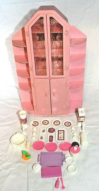Vintage Barbie Ribbons & Roses China Cabinet W/ Side Shelves Accessories 1987
