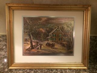 Currier And & Ives American Homestead Winter Lithograph Print Antique Framed