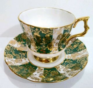 Unique Vintage Royal Windsor Tea Cup & Saucer Green Gold Elegant Made In England