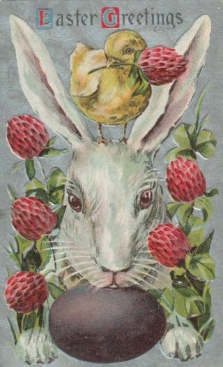 Cute Bunny Rabbit With Egg Chick & Flowers Antique Embossed Easter Postcard M743