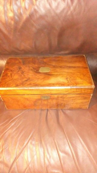 Large Antique Victorian Burr Walnut Brass Bound Writing Slope Box