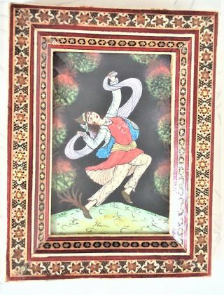 Miniature Indo/persian Painting In Khatam Micro Mosaic Inlaid Marquetry Frame