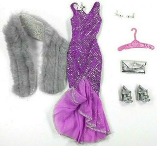 Barbie Vintage Outfit Purple/silver Dress Shoes Dimpled Purse Hanger Stole
