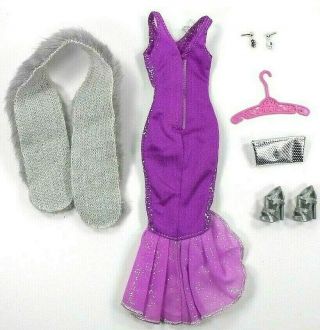 Barbie Vintage Outfit Purple/Silver Dress Shoes Dimpled Purse Hanger Stole 3