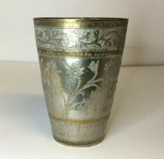 Large Antique Indian Enameled Brass Lassie Cup,  Silver Plate On Brass C1900