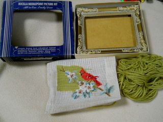 Rare Vintage Bucilla Needlepoint Wool Cardinal Picture Kit & Frame /petite Point