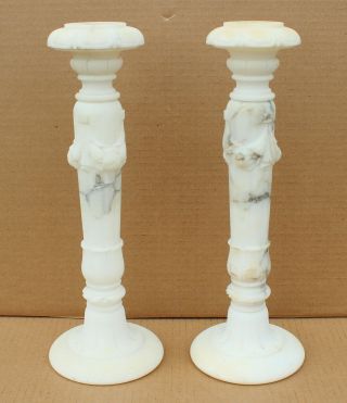 Set Of 2 Vintage Carved White Marble Stone Candle Holders Made In Italy