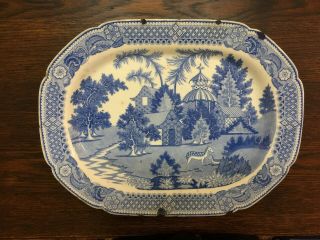 Antique Victorian Blue & White Transferware Large Meat/serving Plate - Deer