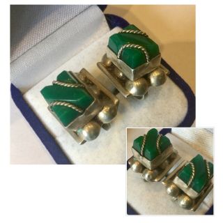 Antique Art Deco Jewellery Sterling Silver & Jade Stone Earrings