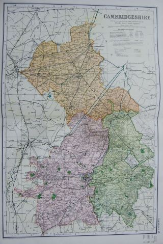 1906 Large Map English Counties Railways Cambridge Wisbech Royston Whittlesey