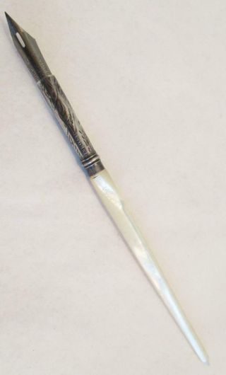 Fabulous Antique Silver Dip Pen With Mother Of Pearl Handle Birmingham 1904 F.  W