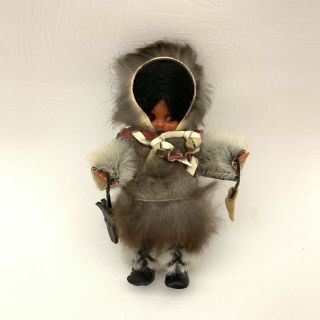 Vintage 6.  25 " Eskimo Doll Alaska Dressed In Fur Clothing