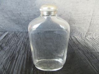 Antique Clear Glass Flask W/ Screw - On Pewter Lid (5.  75 ")