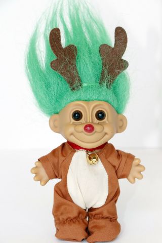 Vintage Russ Troll Doll Reindeer Rudolph Red Nosed Christmas Green Hair