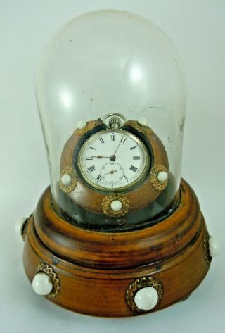 Antique Wooden Pocket Watch Display Case With Glass Dome A/f