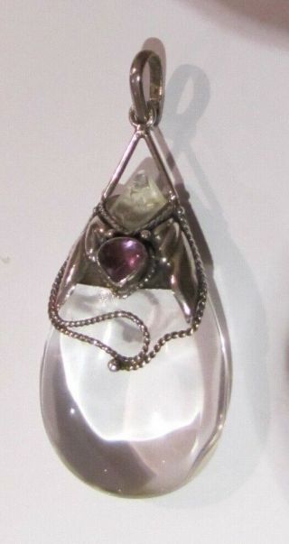Large Oval Antique Art Noveau Rock Crystal,  Silver And Amethyst Pendant