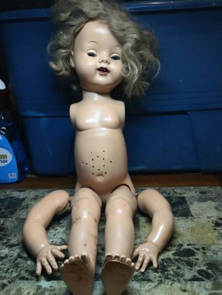Vintage Hard Plastic Girl Doll For Repair Makes A Crying Sound 20” Height