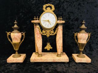 Rare French Art Deco Marble Clock Set Vases Urns Set