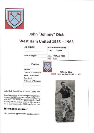 Football Autograph Johnny Dick West Ham United 1953 - 1963 Rare Signature