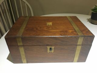 Victorian Walnut Writing Slope With Brass Inlay.  Including Inkwell