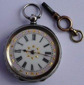 Swiss Antique Solid Silver Fob Pocket Watch With Gilt & Pink Dial