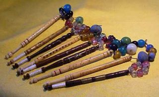 9 Antique Decorative Lace Makers Bobbins Inc 5 Bone & 4 Wood With Spangle Beads