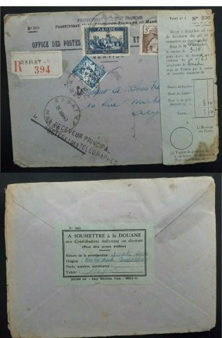 Very Rare 1942 Morocco Registd Cover Ties 3 Stamps Rabat Taxed 3fr10 With Slip