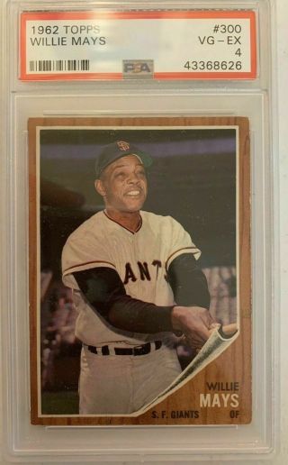 Rare 1962 Topps 300 Giants Willie Mays Vintage Baseball Card Psa 4 Vg - Ex